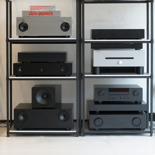 音響架展示區，提供多種音響架選擇，並展示專業維修服務的標誌，吸引顧客採購和了解音響設備的維修與保養服務。