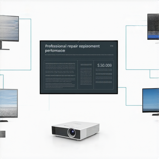 互動投影機展示設置，強調專業維修服務，讓設備恢復最佳性能，吸引用戶了解真實價格及維修選項，提升使用體驗。