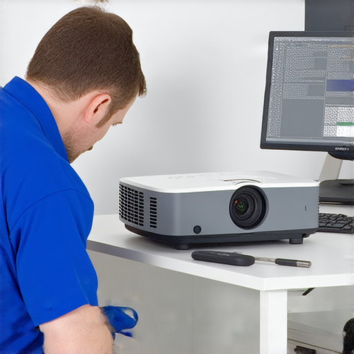 專業維修服務針對投影機故障，技術人員正在檢查設備，旨在修復畫面問題，恢復清晰影像，讓您的設備如新般運作，重拾視覺享受。