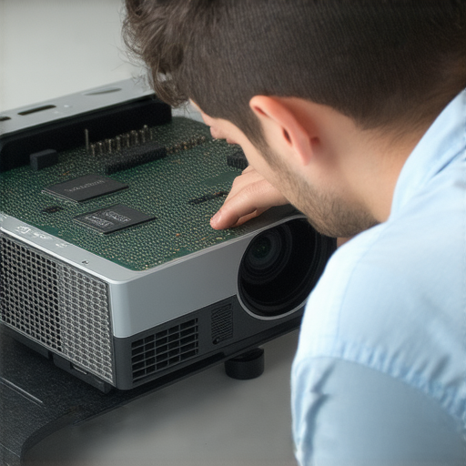 投影機維修專業服務介紹，揭示不為人知的維修秘訣，展示工程師檢查與修理投影機的過程，突顯技術及設備，吸引使用者了解投影機保養和維修的重要性。