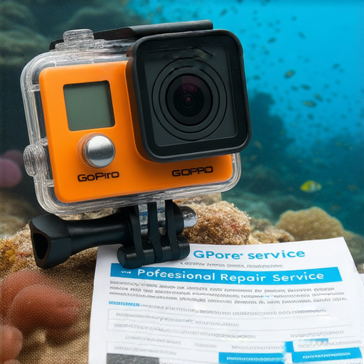 海底冒險中使用的防水GoPro相機，展示其高性能與使用便捷，旁邊有專業維修服務介紹，確保每位租用者的設備安全可靠。