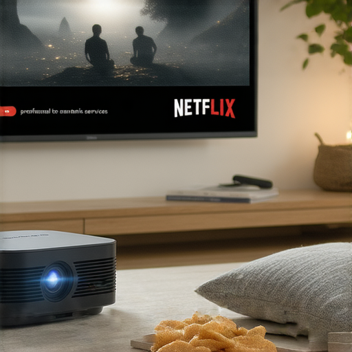 微型投影機播放Netflix的場景，顯示高畫質畫面和用戶享受觀影體驗，強調微型投影機在串流服務中的性能，並介紹專業維修服務的選擇。