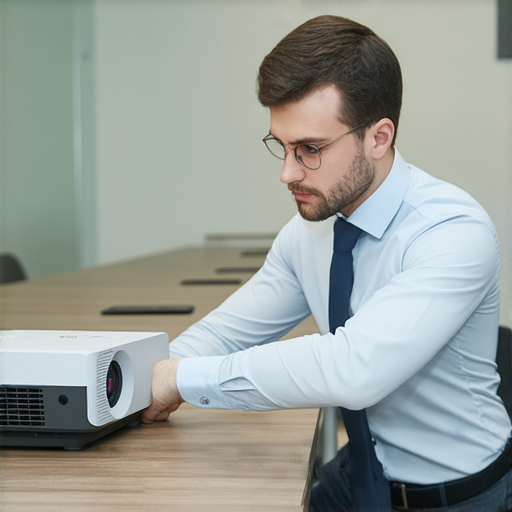 專業投影機維修服務人員正在檢查投影機，提升會議室的效率和演示魅力，背景為現代化會議室設計，強調維修的重要性與專業性。