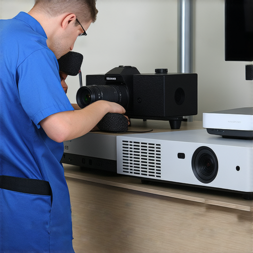 音響、投影機與相機進行維修的技術人員，專注修復故障設備，使用專業工具，展現專業服務，讓您的影音設備重獲新生，提升使用體驗。