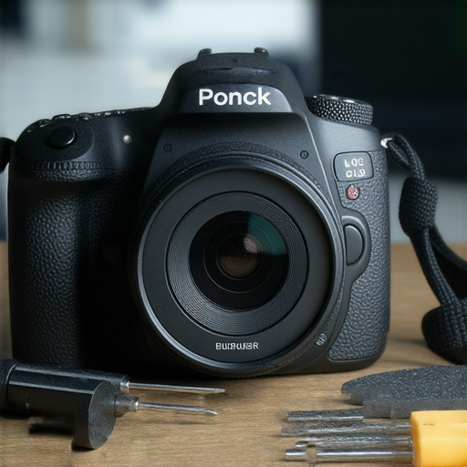 單反相機特寫，展示其精密機械與拍攝功能，背景為攝影師專注拍攝的場景，搭配專業維修服務工具，呈現攝影藝術與設備維護的重要性，探索拍攝世界的無限可能。