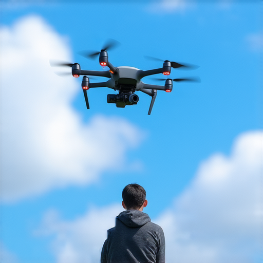 FPV無人機飛行場景展示，專業維修服務介紹，確保飛行體驗無憂，操作者專注於操控，背景有藍天與雲朵，強調無人機科技與服務品質。