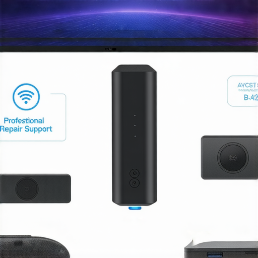 Anycast投影棒展示圖，強調其無線投影功能與便捷性，背景中顯示多種設備連接，暗示專業維修支持的標誌，吸引用戶了解投影技術的奧秘。