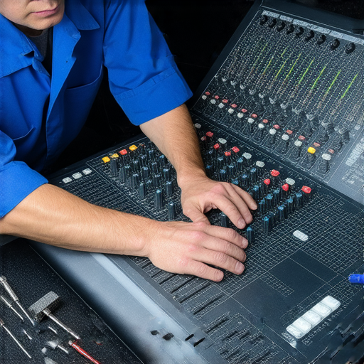 專業KTV混音器維修服務，技術人員正在檢查設備，確保音樂重現完美。提供快速、高效的維修方案，讓您的KTV體驗無憂無慮。