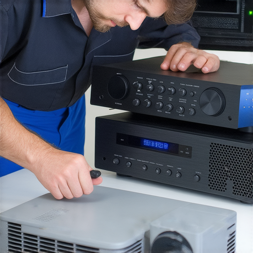 一位專業技術人員正在檢查音響和投影機的音量設定，背後有工具箱和設備，展現專業維修服務的氛圍，提醒使用者及時查詢音響、投影機維修的相關秘訣。