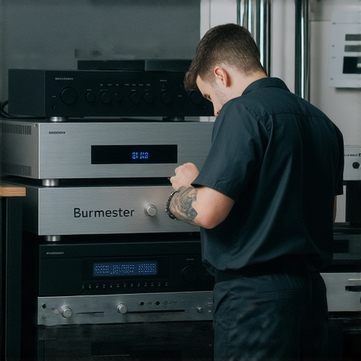 Burmester音響系統維修專業技術人員正在檢查設備，提供通訊故障處理服務，展示先進工具與設備，確保音響系統恢復最佳性能。