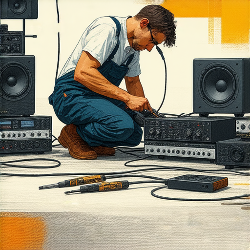 音響維修服務圖示，展示專業維修人員修理音響設備，強調音質恢復的過程，背景顯示音響器材，搭配音響失靈的相關設備，讓客戶了解我們的專業服務與維修小秘訣。