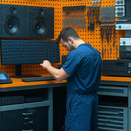 揭開汽車音響修復的秘密，專業技術人員正在檢查汽車音響設備，展示工具和零件，讓汽車音響焕然一新，提升音質和體驗。