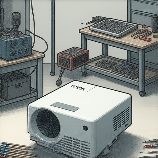 超短焦投影機Epson故障報告示範，顯示維修工具與專業技師正在檢查與修復投影機，背景展示多種投影設備，強調專業維修服務的重要性與效率。