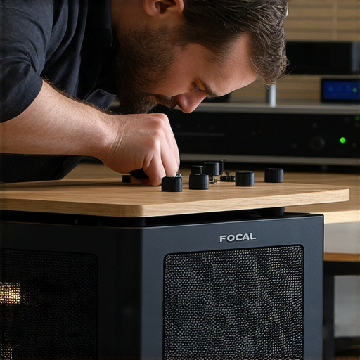 破解Focal喇叭音質秘訣的專業維修服務，展示技術人員調整音響設備，讓音質煥然一新，強調高品質音效與專業技術，提供完美音樂享受的畫面。