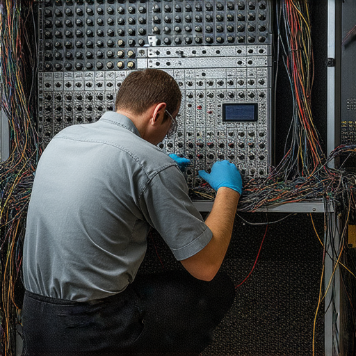 音響線故障的維修過程，專家正仔細檢查和修理音響設備，展示故障診斷與維修技巧，幫助用戶恢復音響系統性能。