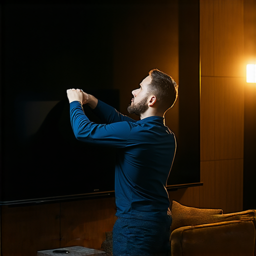 投影幕高度調整示範，專業維修技術士在設定適合的觀影位，確保最佳的視覺效果與觀影體驗，提升家庭影院的舒適度與享受。