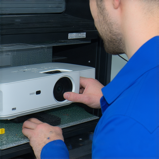 移動投影機故障的維修秘訣，展示專業技術人員檢查投影設備，提供解決方案，協助用戶快速解決投影機問題，提升使用體驗，確保投影品質。