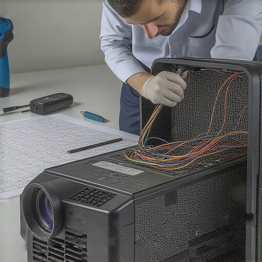 移動式投影機故障維修專業服務，技術人員正在進行故障檢測，專注於修復過程，提供專業建議，幫助客戶恢復投影機的最佳性能。