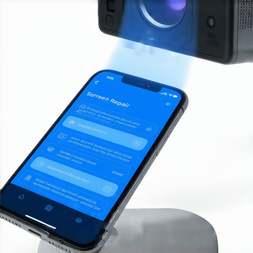 投影機連接手機展示，顯示屏幕投影功能以及專業維修服務資訊，體現科技的便利性與售後支持。