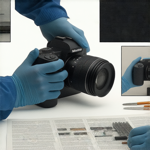 相機蒙皮更換過程的專業維修服務圖示，展示技術人員細心操作，提供相機維修秘訣，讓愛好者了解如何保養相機，提升攝影體驗。