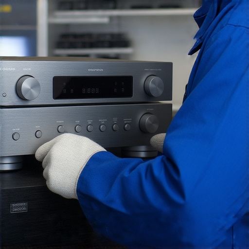 專業技術人員正在檢查AV接收器，展示維修過程中的精細操作，幫助用戶重拾影音享受，提供專業維修服務，解決接收器故障問題。