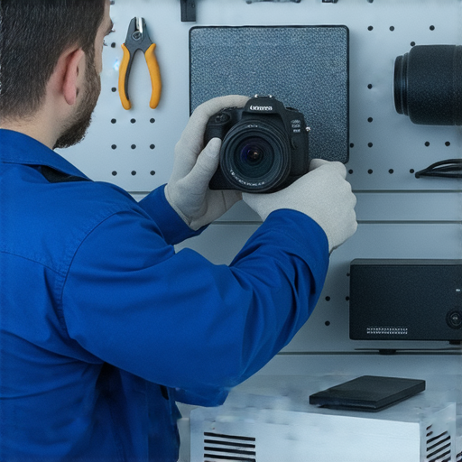 維修服務廣告，展示專業技術人員正在檢查音響、投影機與相機，背景有工具及設備，強調快速響應及專業維修，適合有音響、投影機或相機故障的用戶。