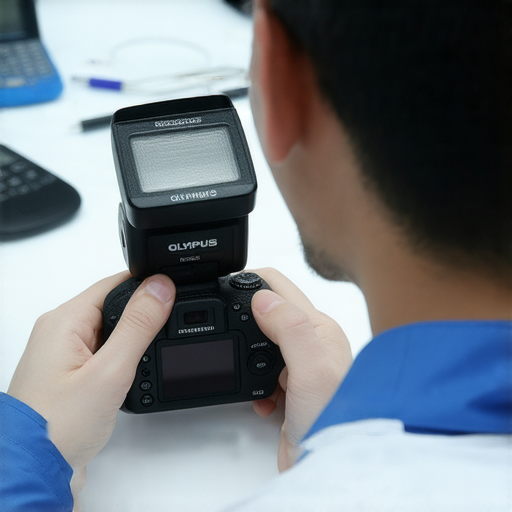 Olympus相機閃光燈檢查服務的畫面，顯示專業技術人員正在檢修相機，確保拍攝功能正常，幫助攝影愛好者拍攝不再中斷，維修服務信息展示清晰。