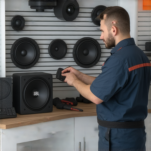 JBL音響維修服務專業技術人員正在檢查設備，確保音響性能最佳。檢修設備的工具與零件整齊擺放，強調我們的專業維修服務。