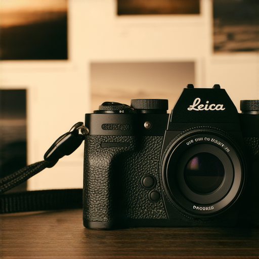 D Leica相機特寫，展示其精美工藝與設計細節，背景為攝影作品展示，強調攝影藝術的魅力，並提及我們的專業維修服務，助你實現攝影夢想。