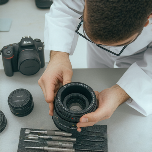 專業技術人員正在維修Leica相機，細心檢查相機內部結構，專業設備與工具齊全，服務質量保證，為攝影愛好者探索完美影像的秘密。