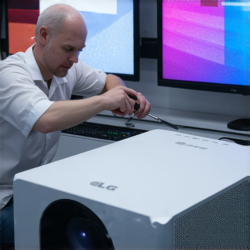 超短焦投影機LG故障維修秘訣，專業技術人員修復影像問題，重現精彩畫面，展示修理過程和維修工具，幫助用戶解決投影機故障。