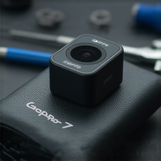 GoPro 7攝影機特寫，展示其卓越的性能與設計，背景為專業維修服務的環境。了解我們的專業維修服務，確保您拍攝無懈可擊的精彩瞬間。