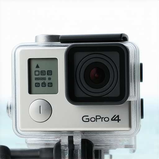 銀色 GoPro 4 攝影機於戶外場景中捕捉精彩瞬間的特寫，展示其獨特設計與功能，搭配維修指南提示，讓使用者了解如何妥善保養設備。