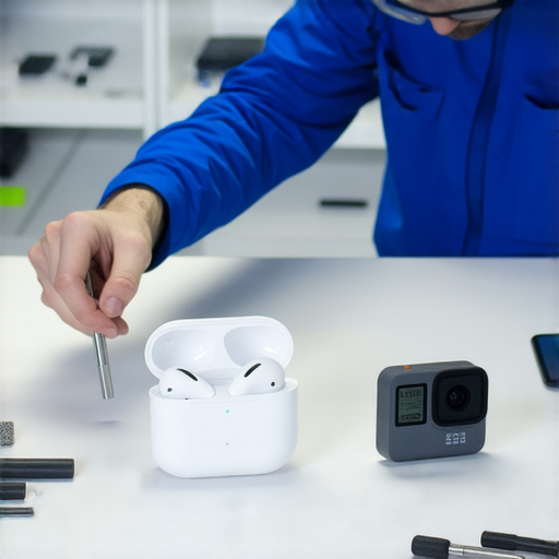 AirPods和GoPro故障維修專業服務，展示技術人員檢查設備，確保客戶的電子產品恢復正常運作，讓您的設備重獲新生，提升使用體驗。