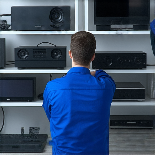 專業維修服務展示，技術人員檢查音響與投影機設備，確保最佳性能，提升觀影與音樂體驗，讓您的設備發揮最大潛能。