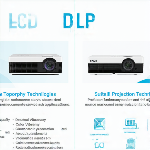 LCD與DLP投影技術比較的圖示，展示兩種技術優缺點，顯示畫面質量、色彩鮮豔度及適用場合，還有專業維修服務的資訊，幫助消費者選擇最佳投影機。