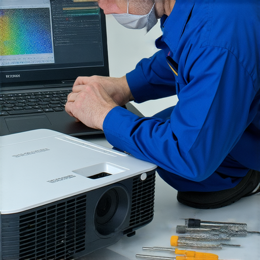 LCD投影機維修服務專業技術人員正在檢查TFT問題，提供高效維修方案，讓視覺體驗恢復最佳狀態，重拾清晰影像與色彩饗宴。