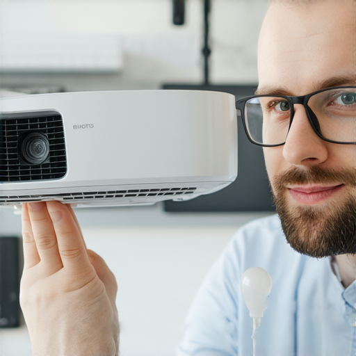 投影機燈泡更換過程中的專業維修技術，手持燈泡的技術人員，確保投影效果明亮清晰，幫助客戶提升視覺表現的服務畫面。