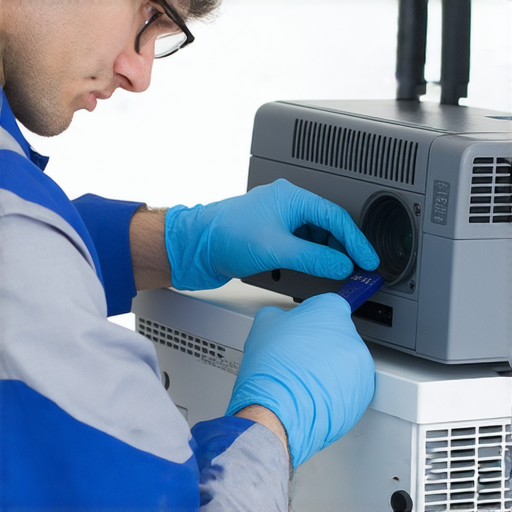 專業技術人員維修無線傳輸投影機的過程，展示精確的工具和設備，強調專業維修服務的重要性，幫助用戶了解無線投影技術的運作與維護。