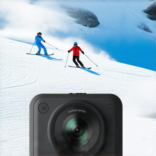 滑雪場景中的運動相機，專為滑雪愛好者設計，展示最佳畫質與防水性能，背景為雪山與滑雪者，強調維修服務保障，讓滑雪過程無後顧之憂。