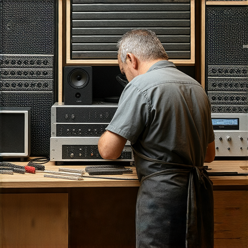 專業音響修理服務，修復喇叭失聲問題，讓音樂重現魔力，技師正在檢查設備，展示音響修理過程中的專業技術和細緻工藝。