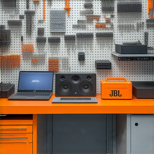 專業維修服務的場景，展示對講機、JBL與Marshall音響的必備配件，強調高品質維護與修理，確保音響設備的最佳效能，滿足顧客需求。