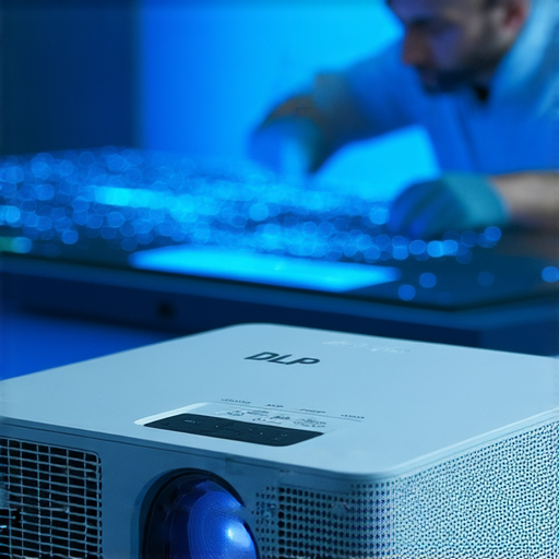 3D投影機展示DLP技術的特點，專業維修專家正進行設備升級，背景中可見清晰的投影畫面，體現技術的先進與維修的專業性。