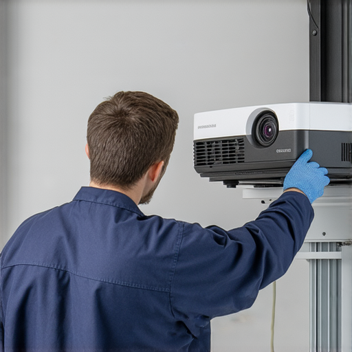 投影機安裝過程中技術人員正在調整設備，顯示深水埗最佳維修服務的專業水平，揭示投影機安裝費用的相關細節，為用戶提供實用資訊和優質服務選擇。