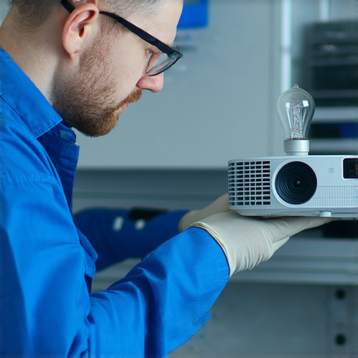 投影機燈泡不亮的情境，顯示專業技術人員檢查設備，強調維修服務和提升使用者體驗的可能性，讓投影機重新發揮功能，提升觀影享受。