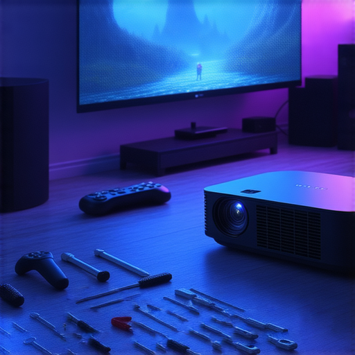 打機投影機展示遊戲畫面，增強遊戲體驗，旁邊是維修工具和服務資訊，象徵專業維修服務，讓你的投影效果更加完美，提升遊戲娛樂享受。