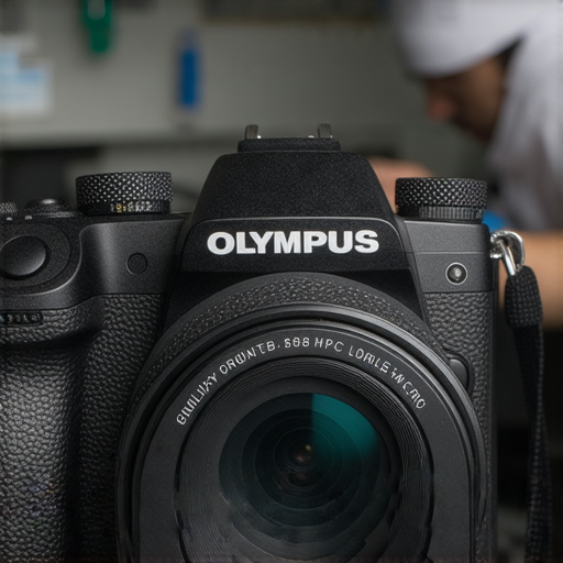 Olympus單反相機特寫，展示其精緻的設計與高性能，背景為專業維修人員正在仔細檢修，強調專業維修服務的重要性，幫助攝影愛好者捕捉每一瞬。