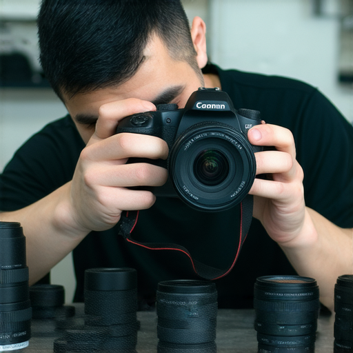 相機維修專業技術人員檢查對焦失靈問題，手持設備進行維修，展示五個技巧讓拍攝重回巔峰，吸引攝影愛好者了解專業維修服務。