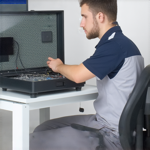 迷你投影機問題解決專業維修服務，展示維修人員檢查投影機設備，專注於修復故障，幫助用戶恢復正常使用，確保影像品質和使用體驗。