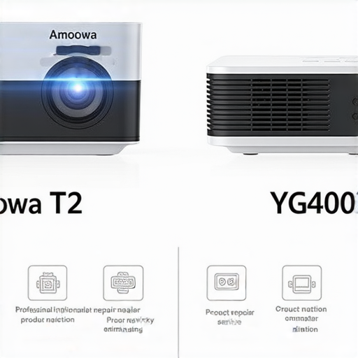 amoowa T2與YG400微型投影機的對比圖，展示兩款投影機的外觀及功能，助你選擇更合適的產品，並了解專業維修服務的資訊。